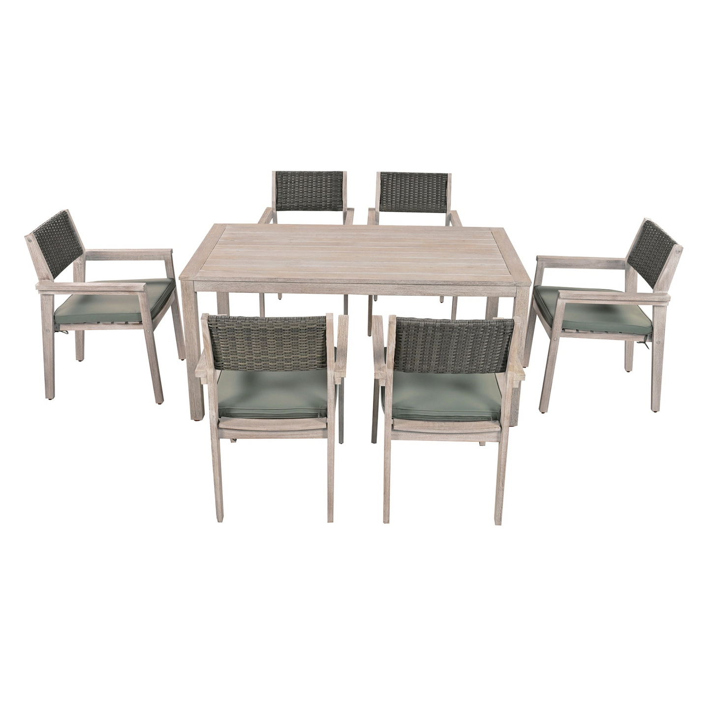 Outdoor Dining Set Patio Dining table and Chairs with Rattan Backrest  and Removable Cushions for Patio and Backyard, White Washed