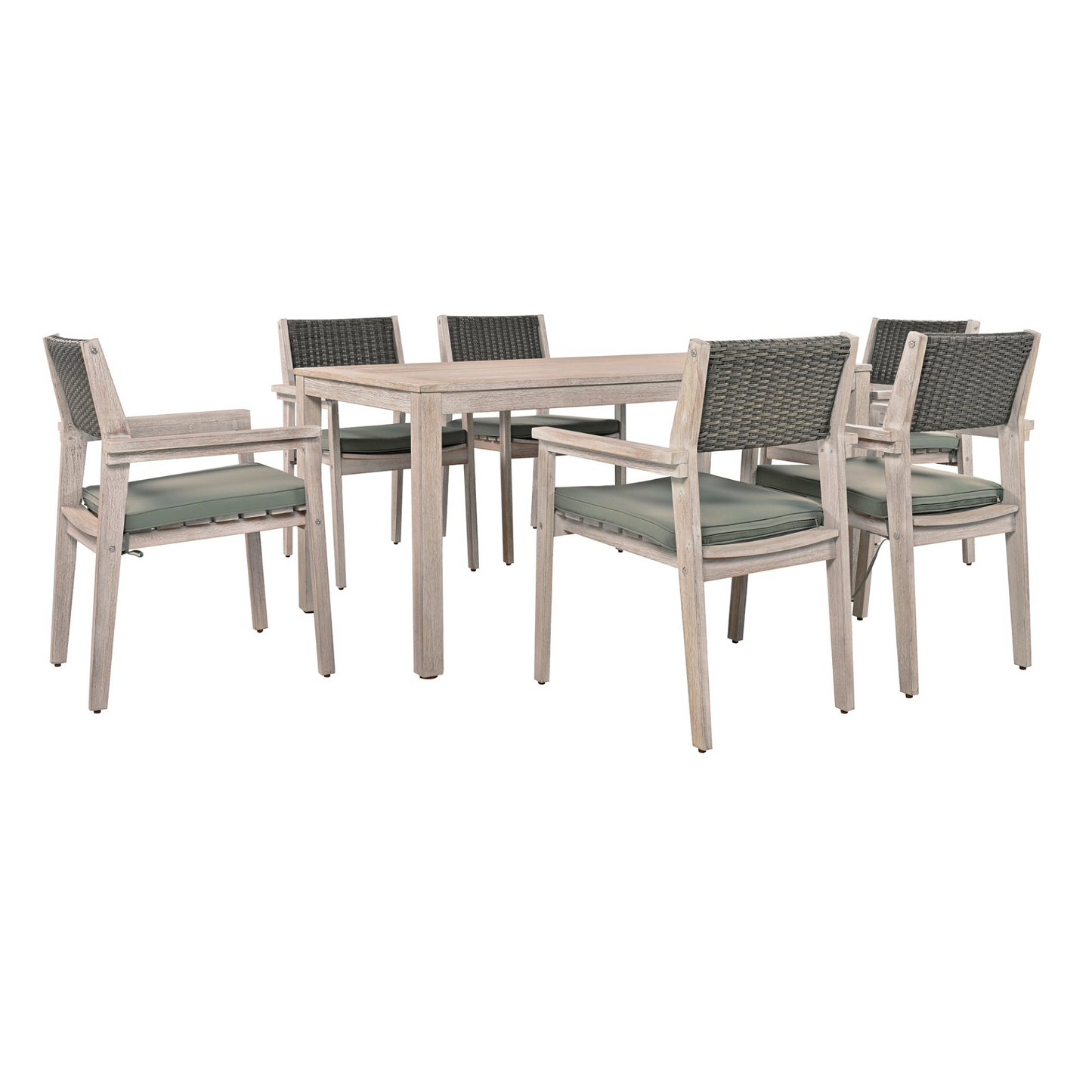 Outdoor Dining Set Patio Dining table and Chairs with Rattan Backrest  and Removable Cushions for Patio and Backyard, White Washed