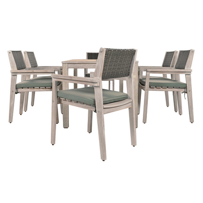 Outdoor Dining Set Patio Dining table and Chairs with Rattan Backrest  and Removable Cushions for Patio and Backyard, White Washed