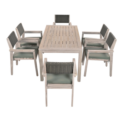 Outdoor Dining Set Patio Dining table and Chairs with Rattan Backrest  and Removable Cushions for Patio and Backyard, White Washed