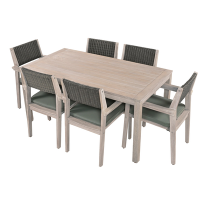 Outdoor Dining Set Patio Dining table and Chairs with Rattan Backrest  and Removable Cushions for Patio and Backyard, White Washed