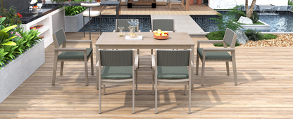 Outdoor Dining Set Patio Dining table and Chairs with Rattan Backrest  and Removable Cushions for Patio and Backyard, White Washed