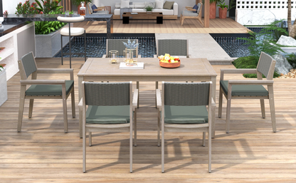 Outdoor Dining Set Patio Dining table and Chairs with Rattan Backrest  and Removable Cushions for Patio and Backyard, White Washed