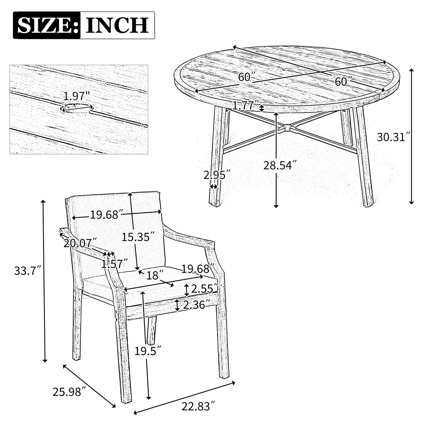 Outdoor Dinning Set 6-Person Outdoor Wooden Dinning Set with an Umbrella Hole and Removable Cushions for Patio, Backyard, Garden,  Antique Gray