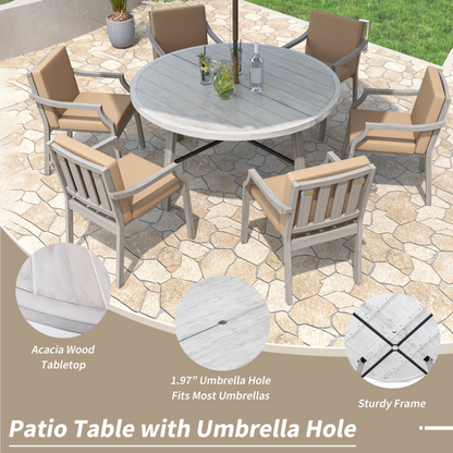 Outdoor Dinning Set 6-Person Outdoor Wooden Dinning Set with an Umbrella Hole and Removable Cushions for Patio, Backyard, Garden,  Antique Gray