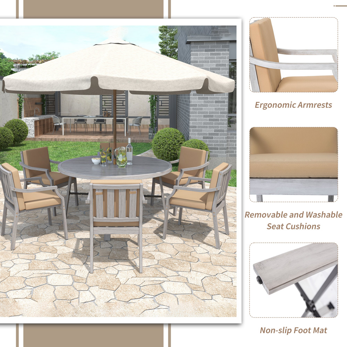 Outdoor Dinning Set 6-Person Outdoor Wooden Dinning Set with an Umbrella Hole and Removable Cushions for Patio, Backyard, Garden,  Antique Gray