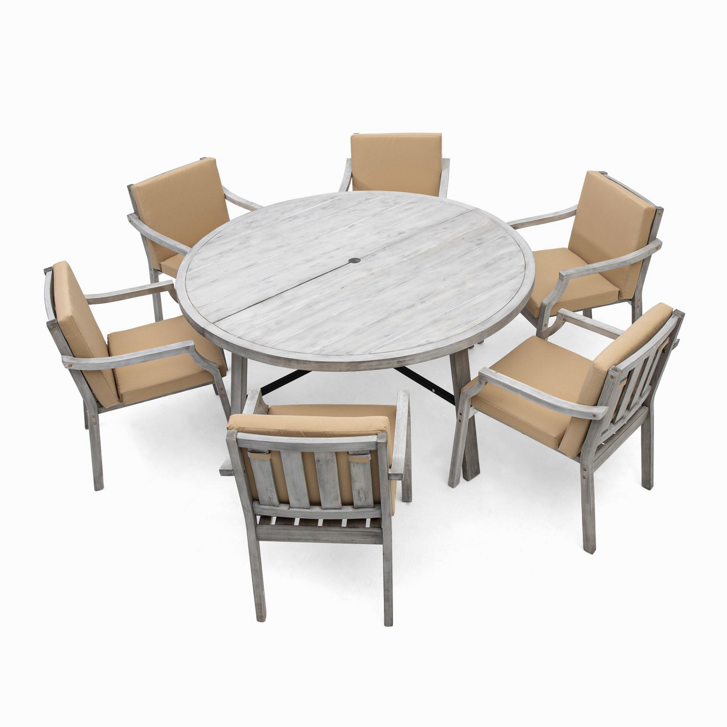 Outdoor Dinning Set 6-Person Outdoor Wooden Dinning Set with an Umbrella Hole and Removable Cushions for Patio, Backyard, Garden,  Antique Gray