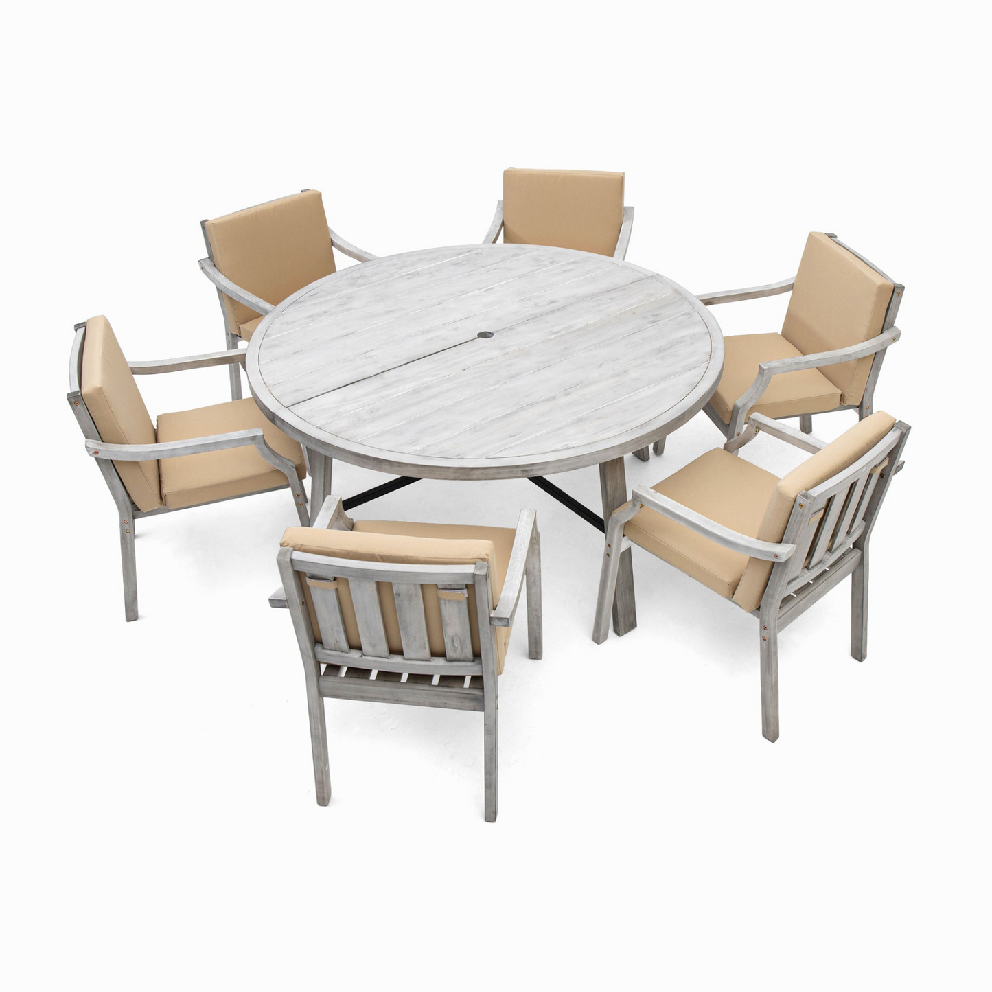 Outdoor Dinning Set 6-Person Outdoor Wooden Dinning Set with an Umbrella Hole and Removable Cushions for Patio, Backyard, Garden,  Antique Gray