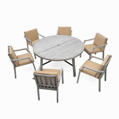 Outdoor Dinning Set 6-Person Outdoor Wooden Dinning Set with an Umbrella Hole and Removable Cushions for Patio, Backyard, Garden,  Antique Gray