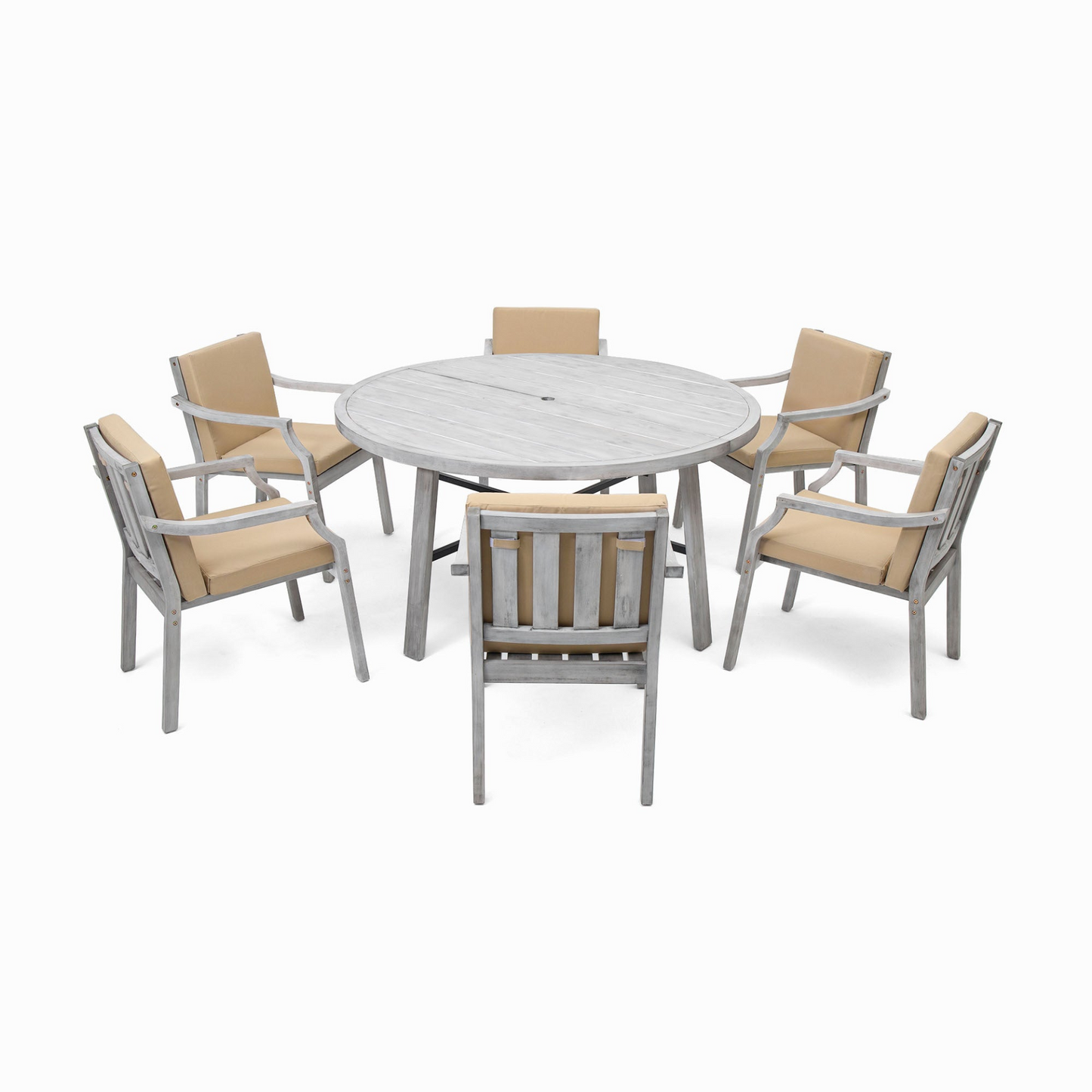 Outdoor Dinning Set 6-Person Outdoor Wooden Dinning Set with an Umbrella Hole and Removable Cushions for Patio, Backyard, Garden,  Antique Gray