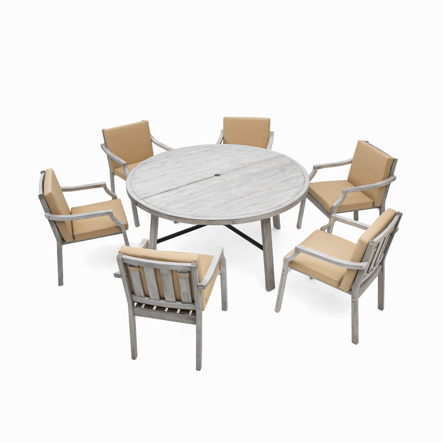 Outdoor Dinning Set 6-Person Outdoor Wooden Dinning Set with an Umbrella Hole and Removable Cushions for Patio, Backyard, Garden,  Antique Gray