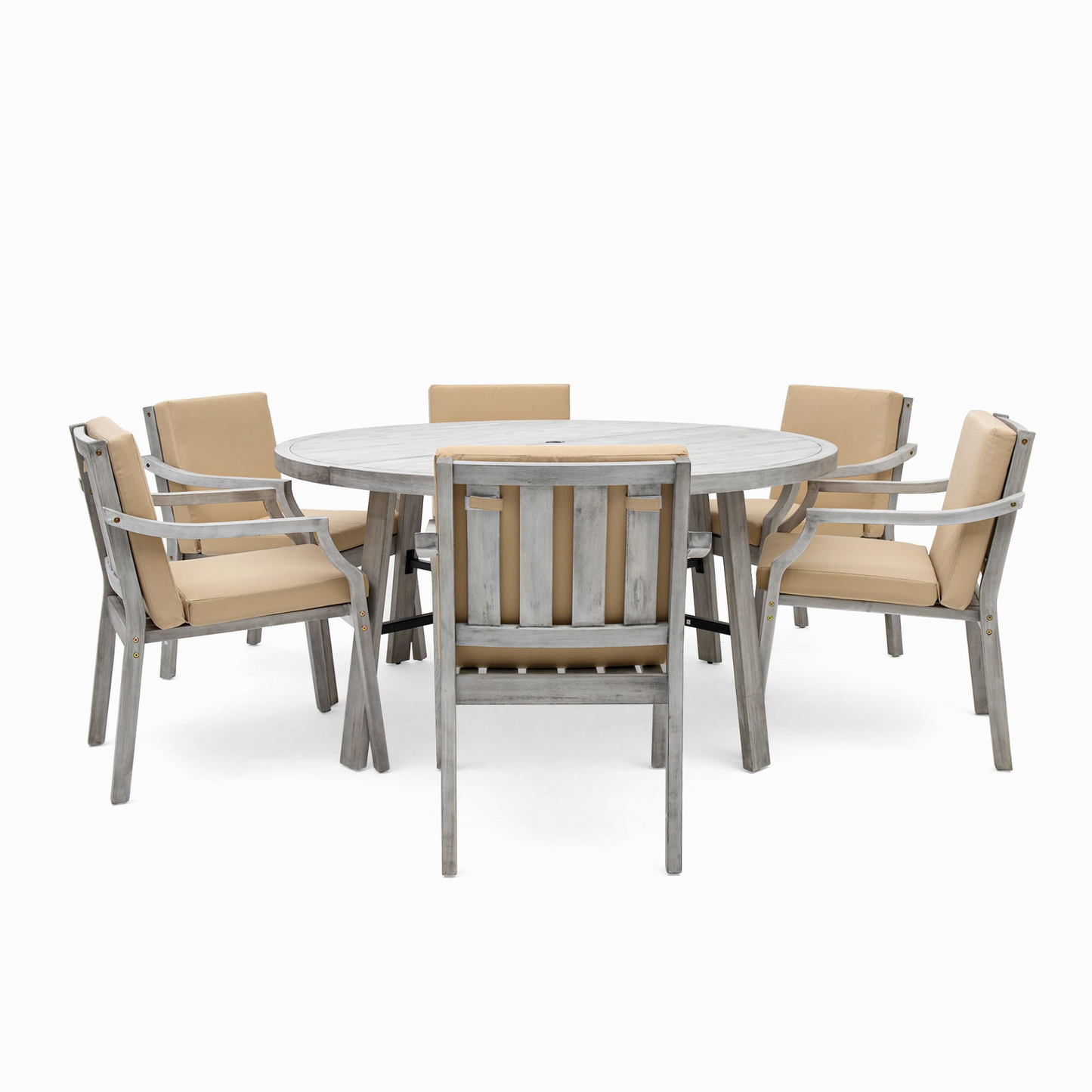 Outdoor Dinning Set 6-Person Outdoor Wooden Dinning Set with an Umbrella Hole and Removable Cushions for Patio, Backyard, Garden,  Antique Gray