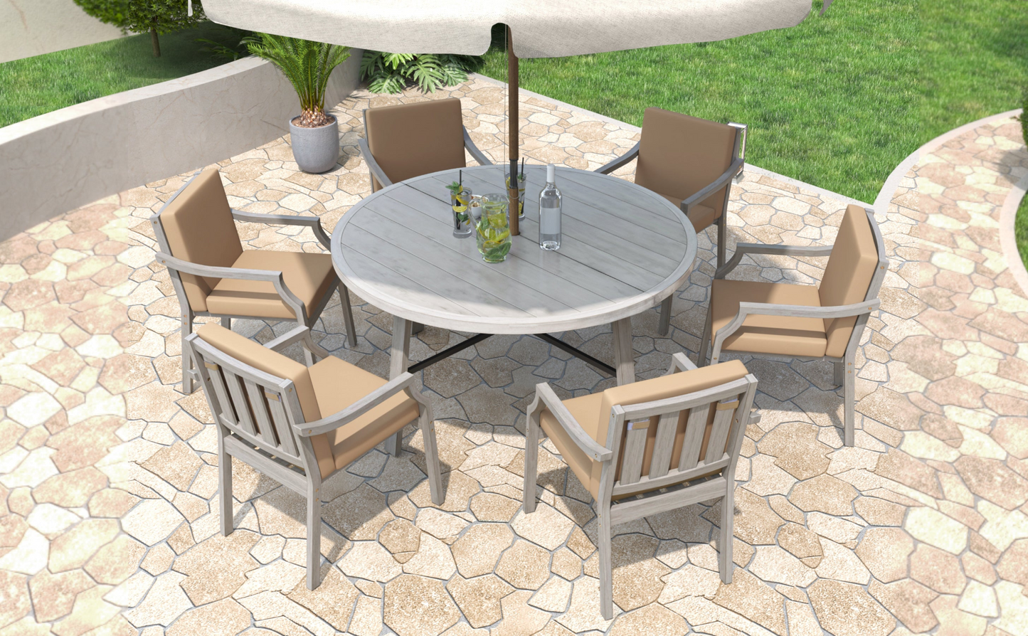 Outdoor Dinning Set 6-Person Outdoor Wooden Dinning Set with an Umbrella Hole and Removable Cushions for Patio, Backyard, Garden,  Antique Gray