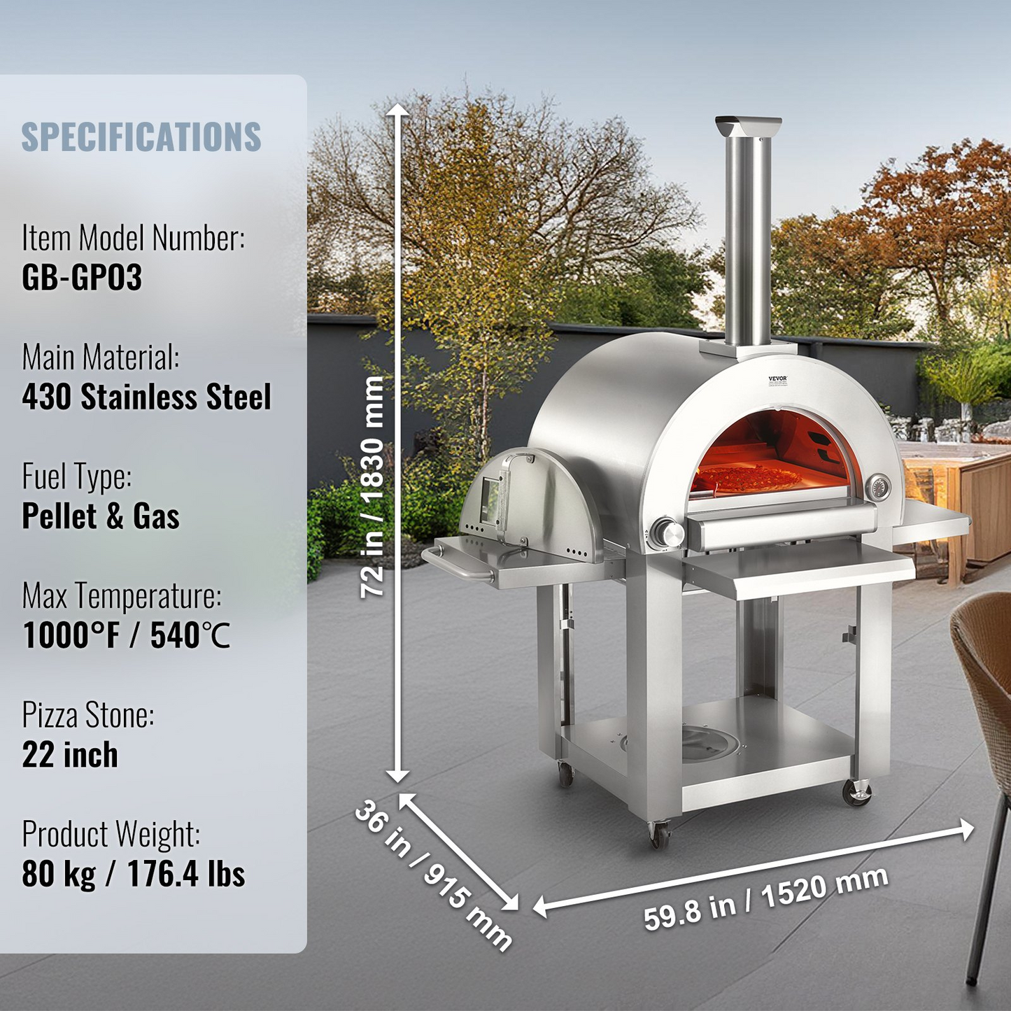 VEVOR 22" Outdoor Pizza Oven Portable Pellet/Gas Oven with Casters for Camping