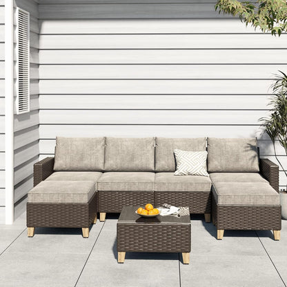 Sofa Sets Outdoor Furniture Sets, PE Wicker Patio Furniture Sectional Sofa with Thick Olefin Cushions for Yard Garden Porch(Brown Sofa Set for Six, 7 PCS)