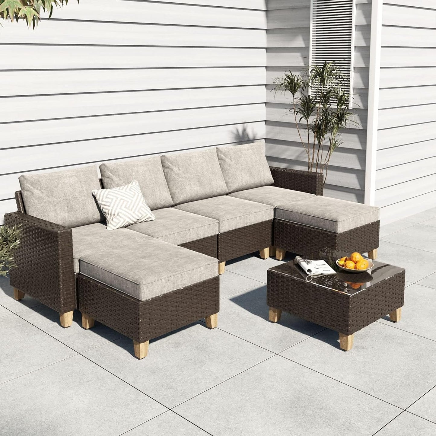 Sofa Sets Outdoor Furniture Sets, PE Wicker Patio Furniture Sectional Sofa with Thick Olefin Cushions for Yard Garden Porch(Brown Sofa Set for Six, 7 PCS)