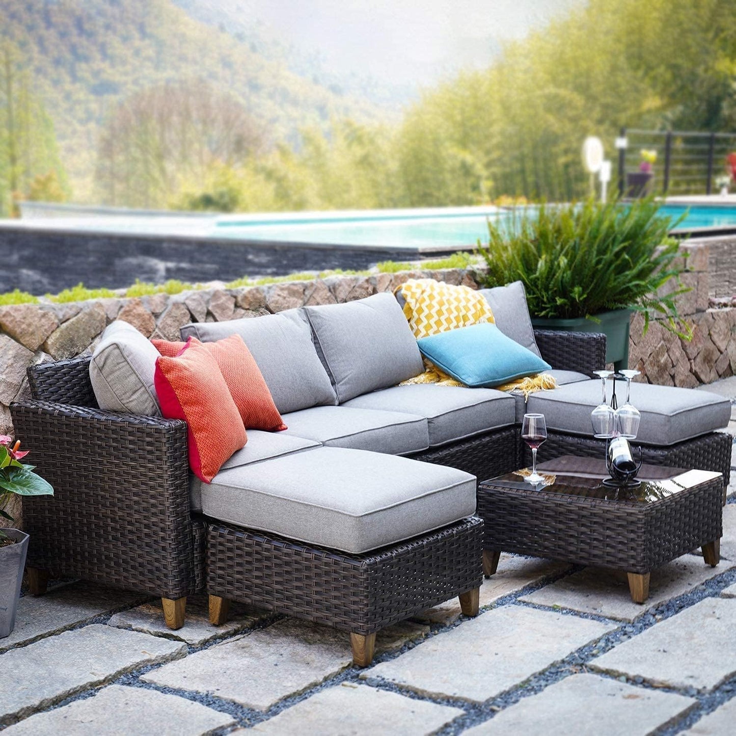 Sofa Sets Outdoor Furniture Sets, PE Wicker Patio Furniture Sectional Sofa with Thick Olefin Cushions for Yard Garden Porch(Brown Sofa Set for Six, 7 PCS)