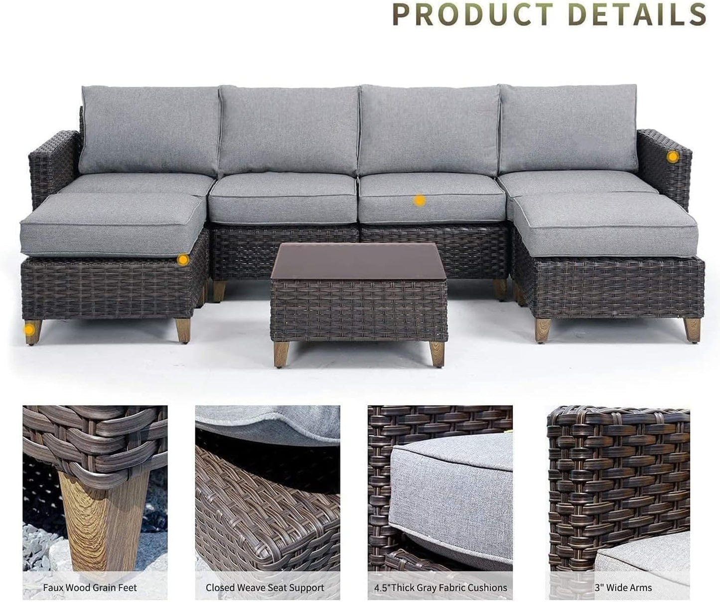 Sofa Sets Outdoor Furniture Sets, PE Wicker Patio Furniture Sectional Sofa with Thick Olefin Cushions for Yard Garden Porch(Brown Sofa Set for Six, 7 PCS)